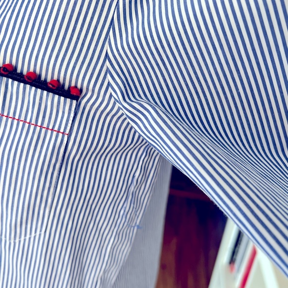 Stripes Blue and White Button Down Shirt with Red embellished piping detail - Picture 5 of 7